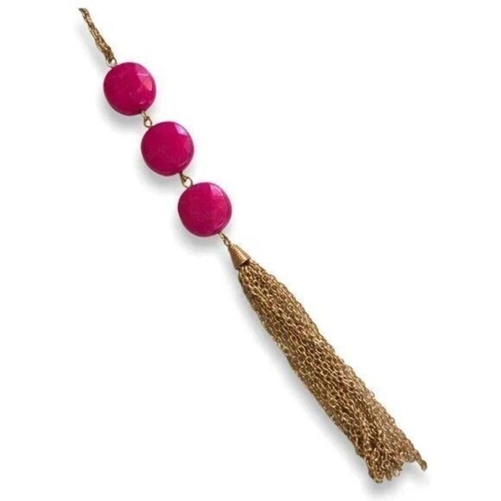 Gold Tone Tassel Necklace 33in Cable Chain Pink Agate Stone Beads